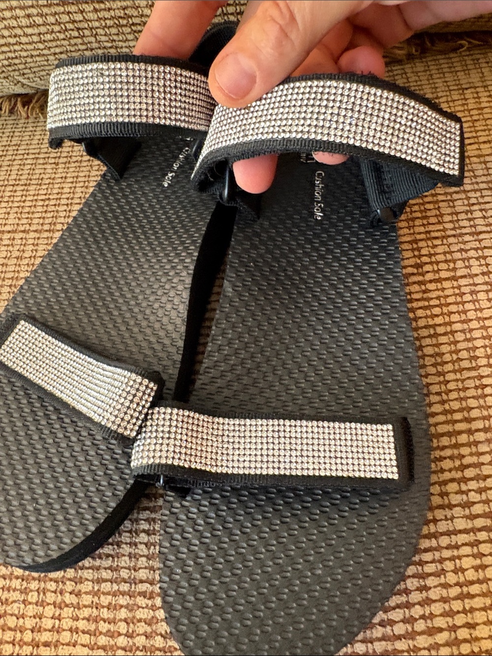 Crystal  New TIME&TRU Strap Black Sandals with Rhinestone Accents- Size 8